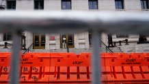Barricades are seen near the Fulton County courthouse, Monday, Aug. 7, 2023, in Atlanta.