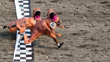 Dionte Gilbert (84) leaps across the finish line against Seth Hirschi, back, during the "T-Rex World Championship Races" at Emerald Downs, Sunday, Aug. 20, 2023, in Auburn, Wash.
