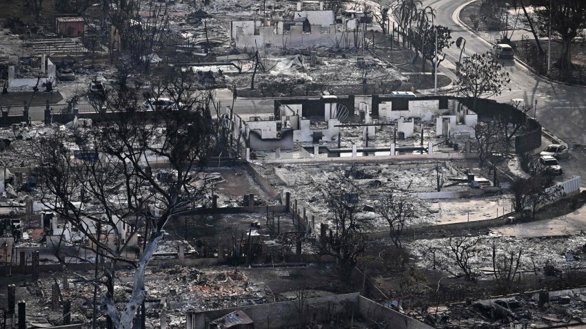 An aerial image taken on Aug. 10, 2023, shows destroyed homes and buildings burned to the ground in Lahaina in the aftermath of wildfires in western Maui, Hawaii.