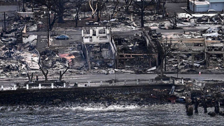 An aerial image taken on Aug. 10, 2023, shows destroyed homes and buildings burned to the ground in Lahaina in the aftermath of wildfires in western Maui, Hawaii.