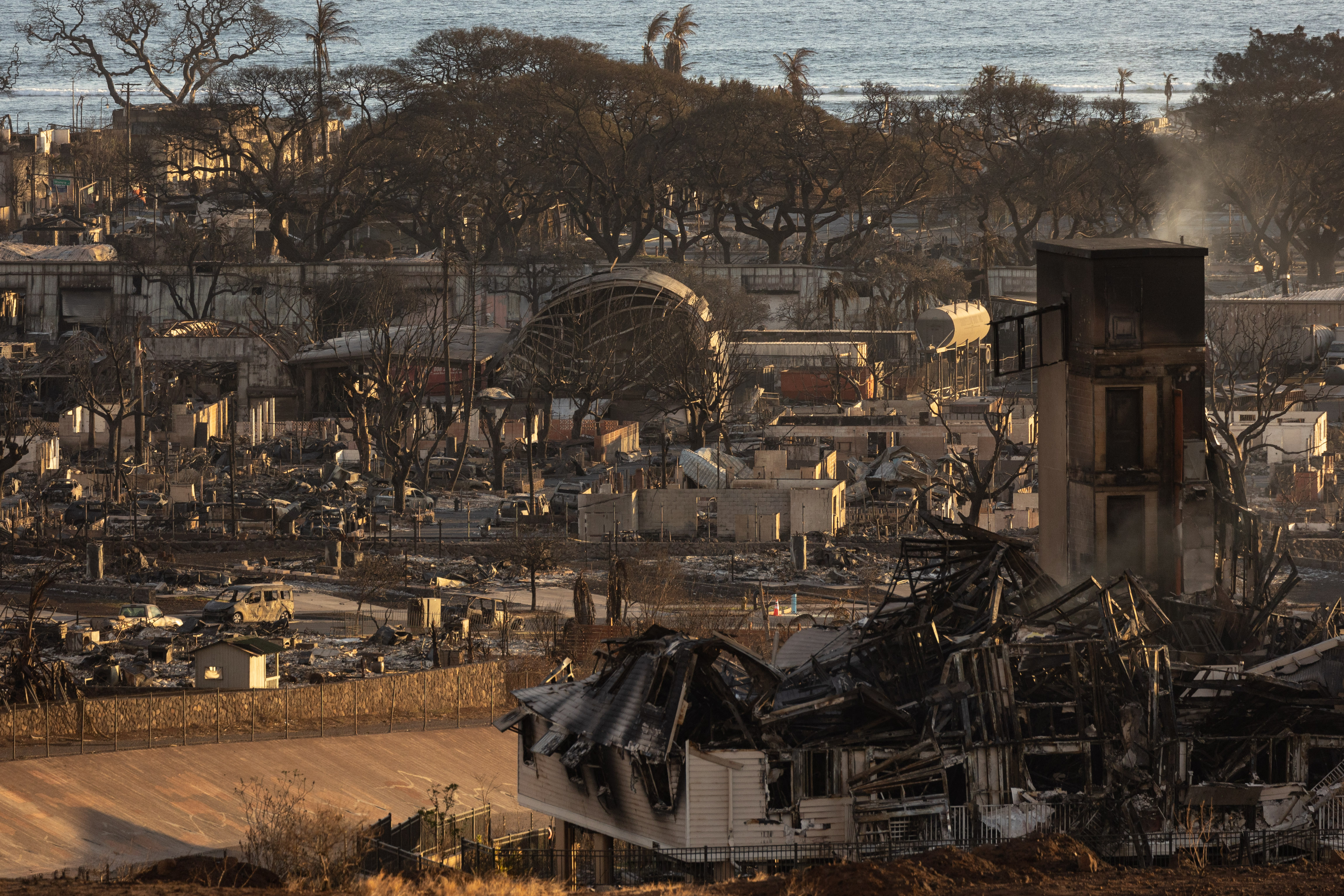 Burned houses and buildings are pictured in the aftermath of a wildfire, is seen in Lahaina, western Maui, Hawaii, Aug. 12, 2023.