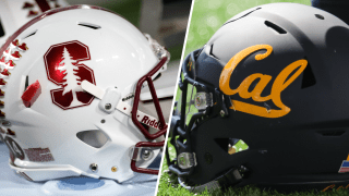 Stanford and Cal football helmets.