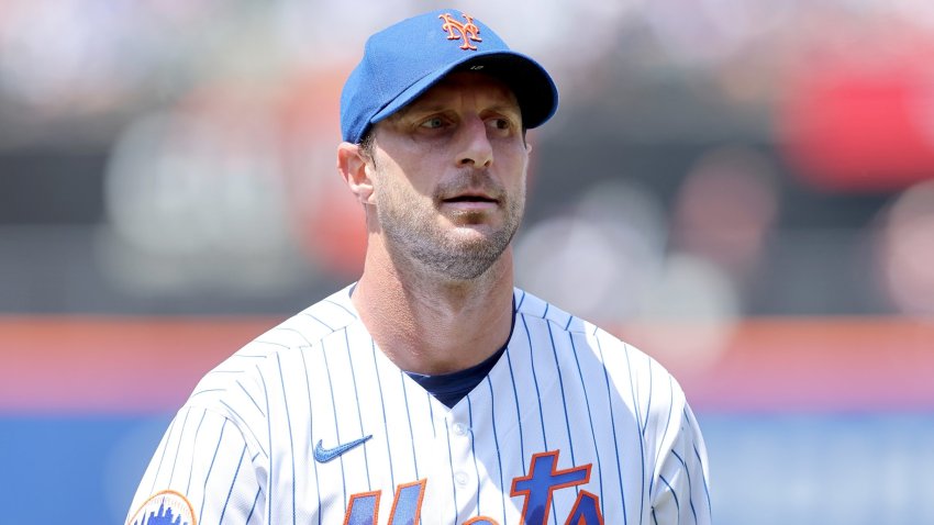 Jun 1, 2023; New York City, New York, USA; New York Mets starting pitcher Max Scherzer (21) reacts during the first inning against the Philadelphia Phillies at Citi Field. Mandatory Credit: Brad Penner-USA TODAY Sports