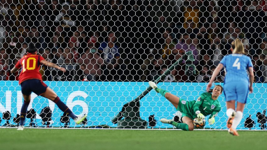 SYDNEY, AUSTRALIA – AUGUST 20: Mary Earps of England makes a save taken by Jennifer Hermoso of Spain during the FIFA Women’s World Cup Australia & New Zealand 2023 Final match between Spain and England at Stadium Australia on August 20, 2023 in Sydney, Australia. (Photo by Cameron Spencer/Getty Images)