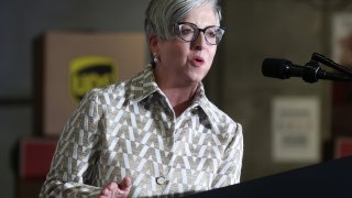 UPS CEO Carol Tome introduces U.S. President Donald Trump for an event at a UPS facility at Hartsfield-Jackson Atlanta International Airport in Atlanta, Georgia, U.S., July 15, 2020. 