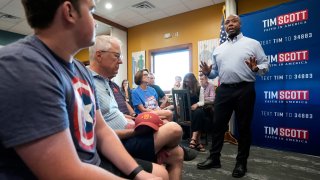 Republican presidential candidate Sen. Tim Scott, R-S.C., speaks during a meet and greet, Monday, Sept. 18, 2023, in Fort Dodge, Iowa.