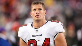 Carl Nassib of the Tampa Bay Buccaneers looks on from the sidelines during the fourth quarter against the San Francisco 49ers at Levi’s Stadium on Dec. 11, 2022 in Santa Clara, Calif.