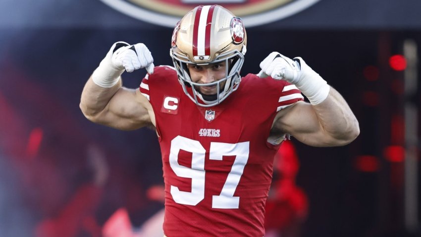 Nick Bosa #97 of the San Francisco 49ers reacts as he takes the field prior to an NFL divisional round playoff football game between the San Francisco 49ers and the Dallas Cowboys at Levi’s Stadium on Jan. 22, 2023 in Santa Clara, Calif.