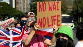 FILE - People hold signs in front of the Hawaii State Capitol in Honolulu