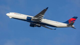 Delta Air Lines Airbus A330 aircraft as seen during take off and flying phase on January 30, 2023.