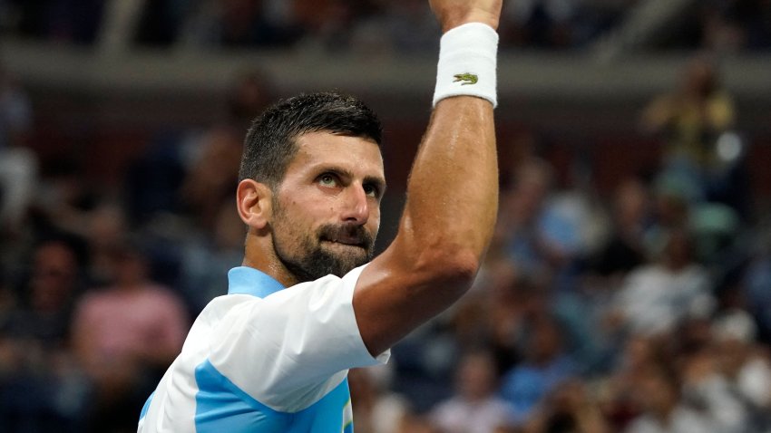 Serbia’s Novak Djokovic reacts during the US Open tennis tournament men’s singles semi-finals match against USA’s Ben Shelton at the USTA Billie Jean King National Tennis Center in New York City, on September 8, 2023.