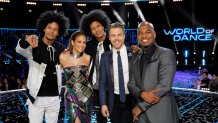 WORLD OF DANCE -- "World Final" Episode 110 -- Pictured: (l-r) Les Twins, Jennifer Lopez, Derek Hough, Ne-Yo -- (Photo by: Trae Patton/NBCU Photo Bank/NBCUniversal via Getty Images via Getty Images)