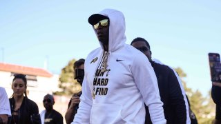 Head coach Deion Sanders of the Colorado Buffaloes walks onto the field before a game against the Nebraska Cornhuskers at Folsom Field on Sept. 9, 2023, in Boulder, Colo.