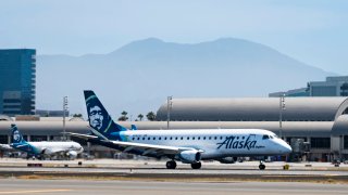 An Alaska Airlines jet departs John Wayne Airport in Santa Ana, CA on Monday, August 8, 2022.