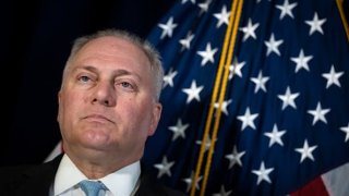 Rep. Steve Scalise (R-LA) waits to speak during a news conference after a caucus meeting with House Republicans on Capitol Hill May 10, 2023 in Washington, DC.