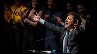 Javier Milei presidential candidate of the La Libertad Avanza (Freedom Advances) party, speaks at the campaign closing event on Oct.18, 2023.