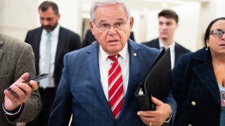 Sen. Bob Menendez, D-N.J., is seen after addressing colleagues at a Democratic senate luncheon in the U.S. Capitol on Thursday, September 28, 2023.