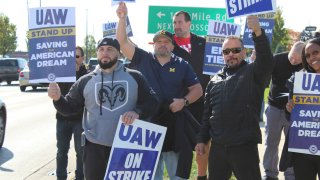United Auto Workers members rally outside Stellantis’ Ram 1500 plant in Sterling Heights, Michigan, after the union called a strike at the plant on Oct. 23, 2023.