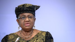 World Trade Organization Director-General Ngozi Okonjo-Iweala opens the 2021 WTO Public Forum with a round table on Covid and trade, in Geneva, on September 28, 2021. (Photo by Fabrice COFFRINI / AFP) (Photo by FABRICE COFFRINI/AFP via Getty Images)