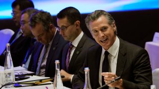 California Gov. Gavin Newsom speaks during the Great Wall Climate Dialogue held at the Yanqi hotel on the outskirts of Beijing, Thursday, Oct. 26, 2023.
