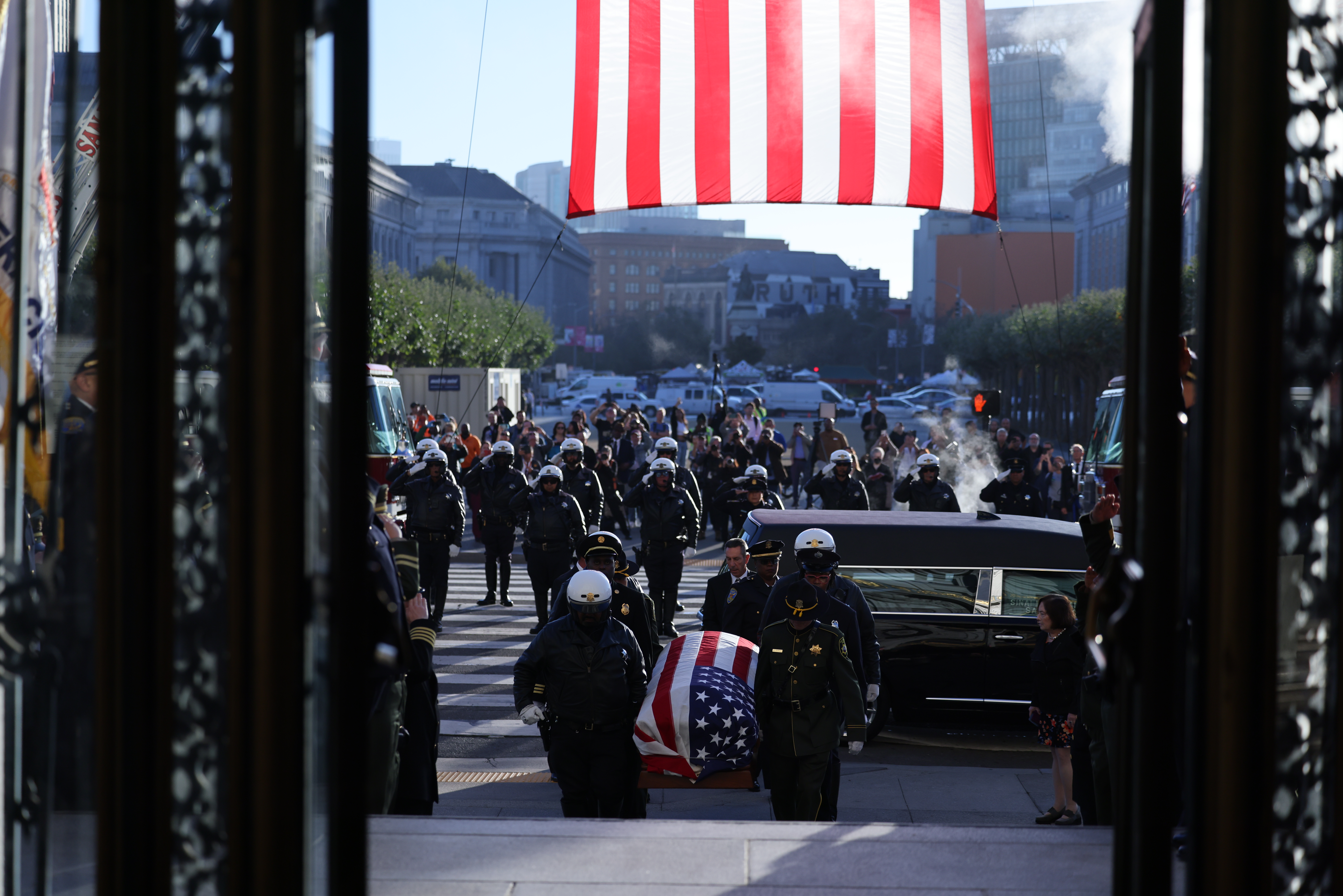 The body of Senator Dianne Feinstein is carried into City Hall for public viewing on October 4, 2023 in San Francisco, California. (Photo by Gabrielle Lurie – Pool/Getty Images)