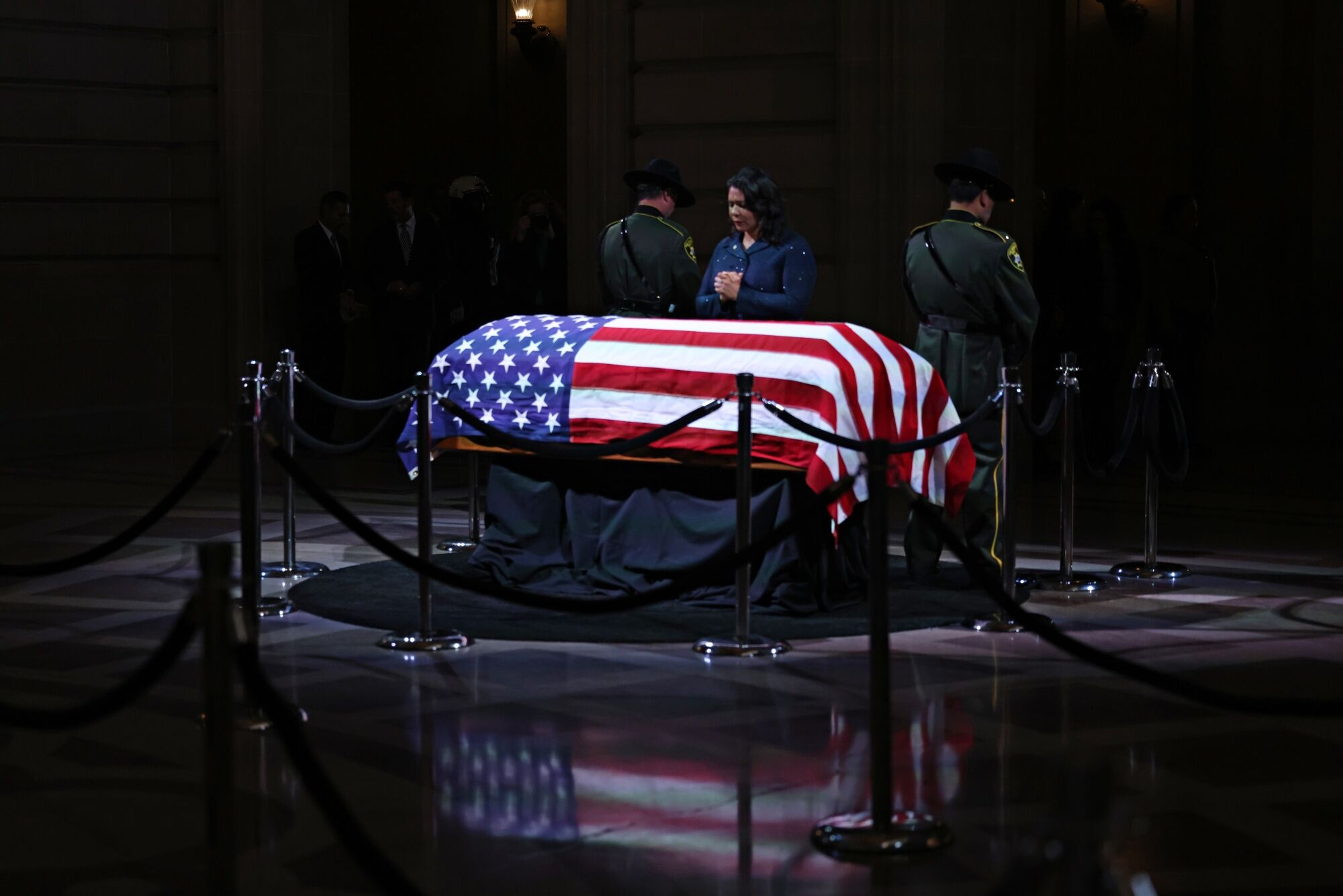 London Breed, mayor of San Francisco pays respects at the casket of late Senator Dianne Feinstein at San Francisco City Hall in San Francisco, California, US, on Wednesday, Oct. 4, 2023. (Photographer: Gabrielle Lurie/San Francisco Chronicle/Bloomberg via Getty Images)