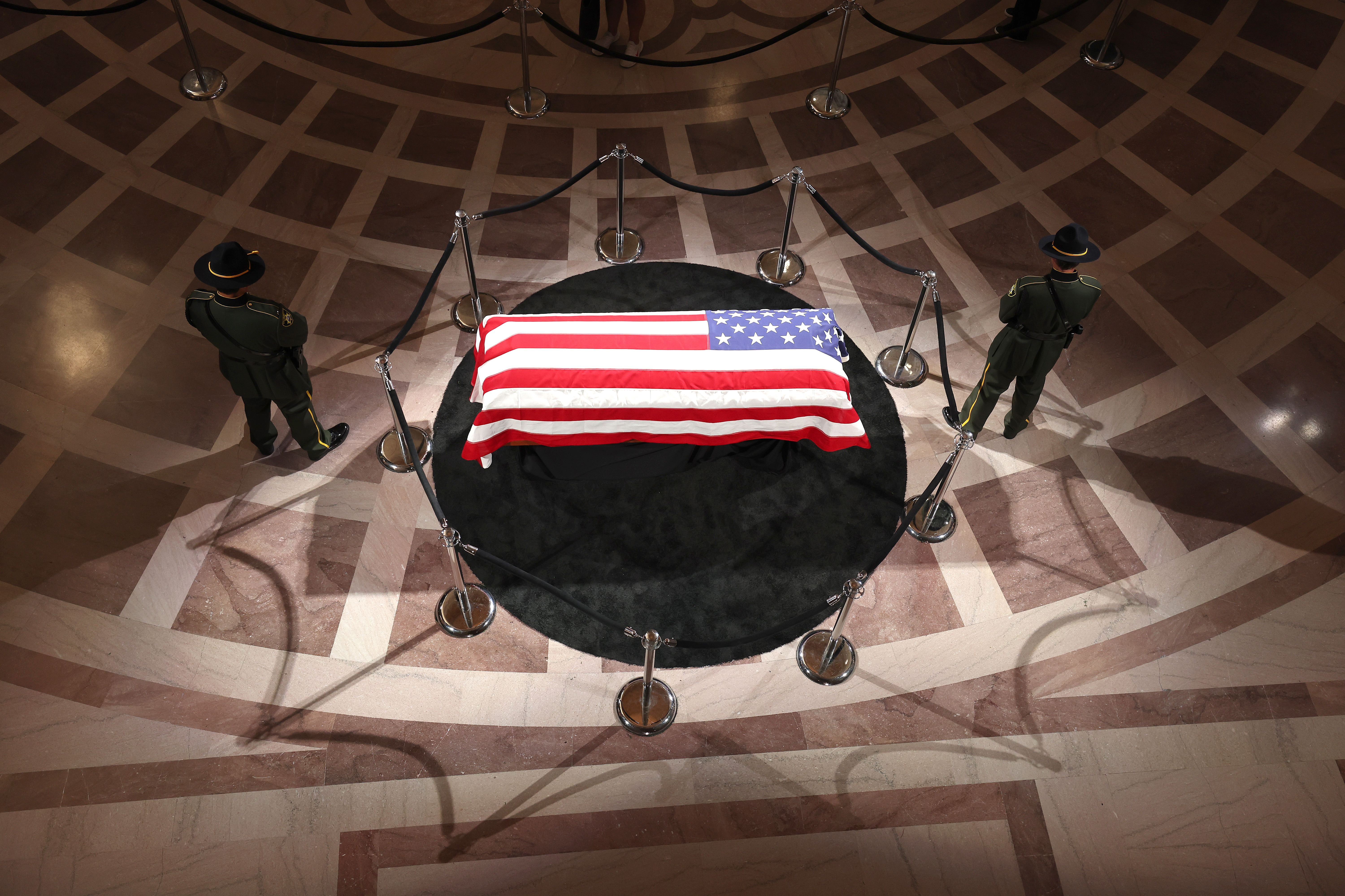 Members of the San Francisco sheriff department stand guard next to the casket of Sen. Dianne Feinstein (D-CA) as she lies in state at San Francisco City Hall on October 04, 2023 in San Francisco, California. (Photo by Justin Sullivan/Getty Images)