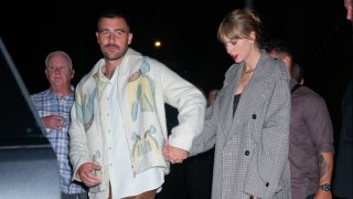 Travis Kelce and Taylor Swift depart the "SNL" Afterparty on October 15