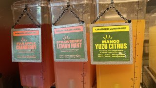 FILE - Dispensers for charged lemonade, a caffeinated lemonade drink, at Panera Bread, Walnut Creek, California, March 27, 2023.