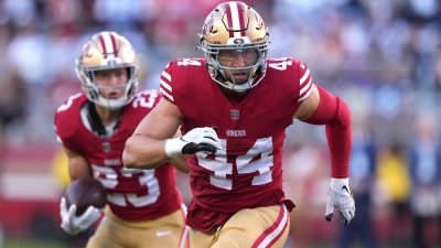 Oct 8, 2023; Santa Clara, California, USA; San Francisco 49ers fullback Kyle Juszczyk (44) blocks for running back Christian McCaffrey (23) during the first quarter against the Dallas Cowboys at Levi’s Stadium. Mandatory Credit: Darren Yamashita-USA TODAY Sports