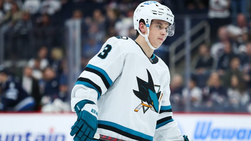 Apr 10, 2023; Winnipeg, Manitoba, CAN; San Jose Sharks defenseman Henry Thrun (3) against the Winnipeg Jets during the second period at Canada Life Centre. Mandatory Credit: Terrence Lee-USA TODAY Sports