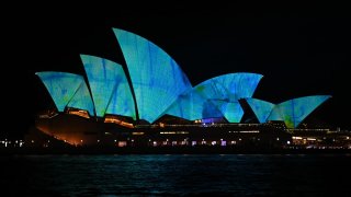 The sails of the Opera House are illuminated with projections on the opening night of Vivid Sydney 2023 in Sydney, Australia, on Friday, May 26, 2023.