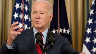 US President Joe Biden speaks about strengthening US ports and supply chains after the International Longshore and Warehouse Union and the Pacific Maritime Association finalized a new contract covering west coast ports, in the State Dining Room of the White House in Washington, DC, on September 6, 2023.