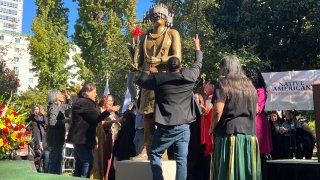 A Native American monument is unveiled in Sacramento, Calif., Tuesday, Nov. 7, 2023.