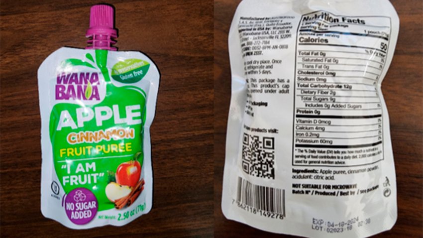 FILE – This photo provided by the U.S. Food and Drug Administration on Oct. 28, 2023, shows a WanaBana apple cinnamon fruit puree pouch. On Monday, Nov. 13, 2023, U.S. health officials are warning doctors to be on the lookout for possible cases of lead poisoning in children after at least 22 toddlers in 14 states were sickened by lead linked to tainted pouches of cinnamon apple puree and applesauce. Brands include WanaBana brand apple cinnamon fruit puree and Schnucks and Weis brand cinnamon applesauce pouches. The products were sold in stores and online.