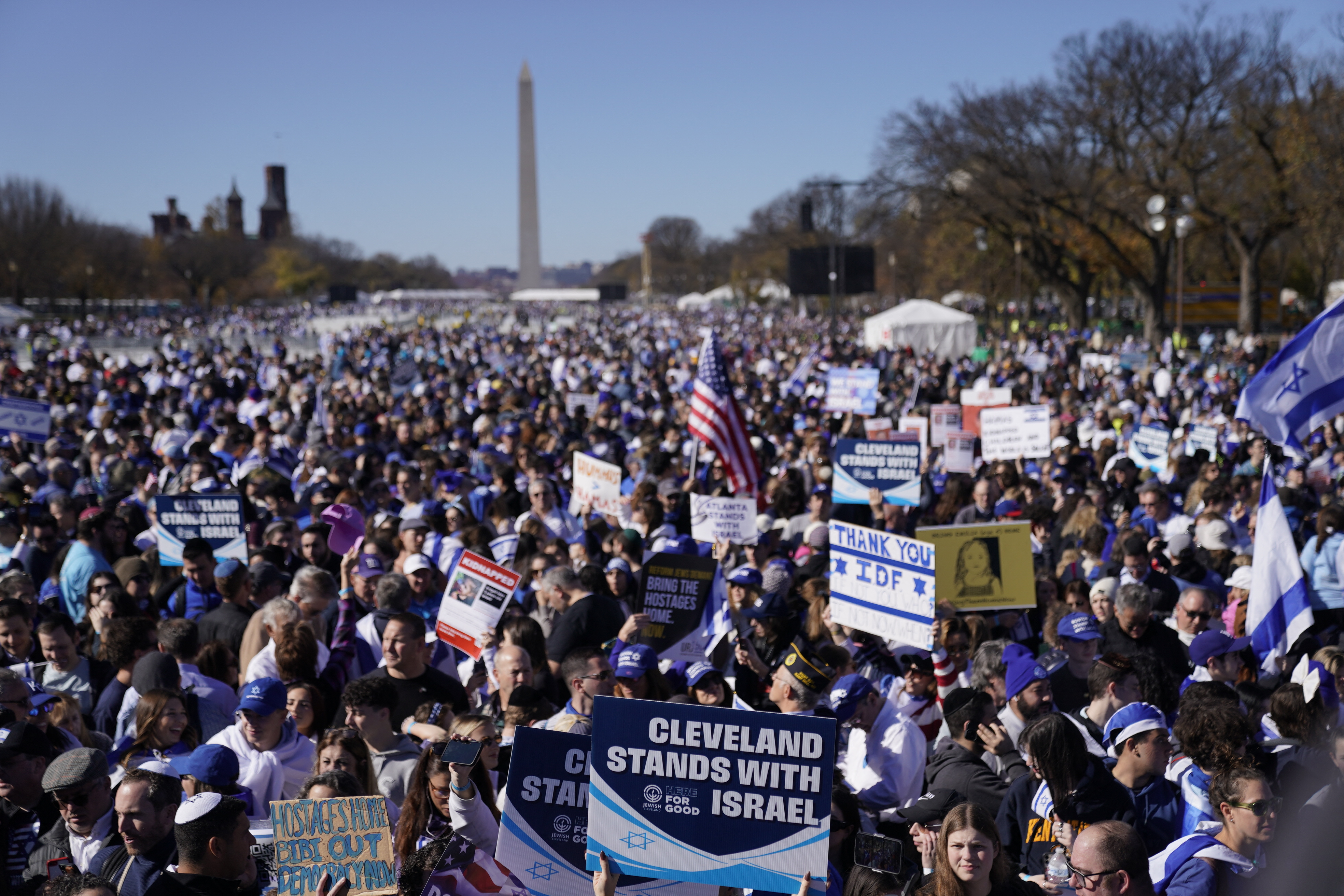 Demonstrators in support of Israel gather to denounce antisemitism and call for the release of Israeli hostages, on the National Mall in Washington, DC, on November 14, 2023.