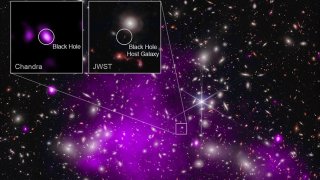 This annotated image provided by NASA on Nov. 6, 2023, shows a composite view of data from NASA’s Chandra X-ray Observatory and James Webb Space Telescope indicating a growing black hole just 470 million years after the Big Bang. It is the oldest black hole yet discovered.