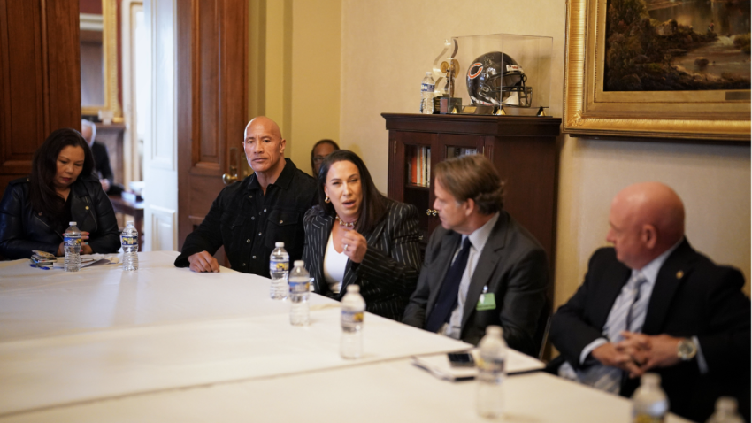 Dwayne “The Rock” Johnson meets with U.S. Senators at the Capitol about military recruitment efforts.