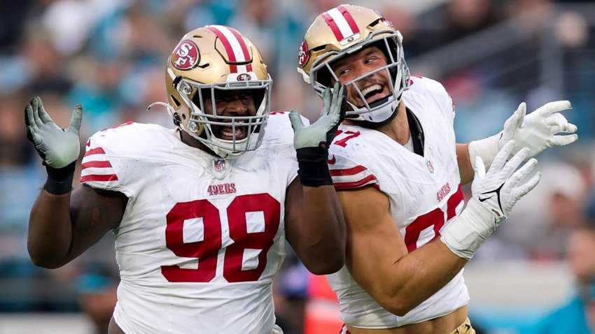 JACKSONVILLE, FLORIDA – NOVEMBER 12: Javon Hargrave #98 and Nick Bosa #97 of the San Francisco 49ers react during the second half of the game against the Jacksonville Jaguars at EverBank Stadium on November 12, 2023 in Jacksonville, Florida. (Photo by Megan Briggs/Getty Images)