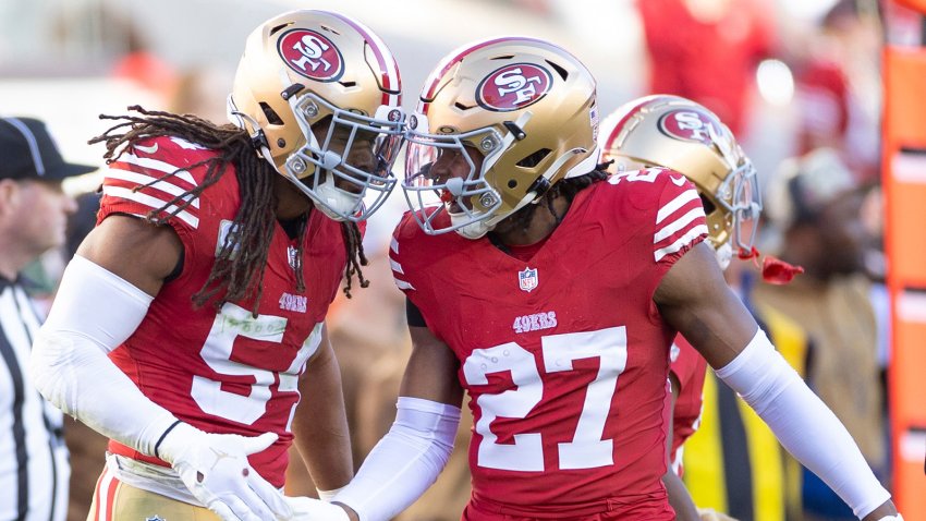 SANTA CLARA, CA – NOVEMBER 19: Fred Warner #54 and JiAyir Brown #27 of the San Francisco 49ers celebrate during the game against the Tampa Bay Buccaneers at Levi’s Stadium on November 19, 2023 in Santa Clara, California. The 49ers defeated the Buccaneers 27-14. (Photo by Michael Zagaris/San Francisco 49ers/Getty Images)