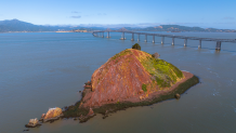 An aerial view of Red Rock Island, facing the Richmond-San Rafael Bridge.