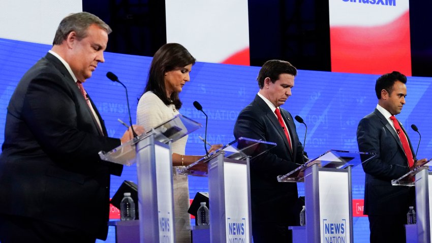 Republican presidential candidates from left, former New Jersey Gov. Chris Christie, former U.N. Ambassador Nikki Haley, Florida Gov. Ron DeSantis, and businessman Vivek Ramaswamy during a Republican presidential primary debate on Wednesday, Dec. 6, 2023, at the Moody Music Hall at the University of Alabama in Tuscaloosa, Ala.