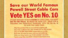 A red-on-yellow flyer reads, "Save our World Famous Powell Street Cable cars — Vote YES on No. 10."