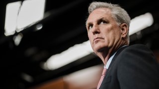 House Minority Leader Kevin McCarthy (R-CA) attends a House Republican Conference news confernce as members pack the stage on Capitol Hill on Thursday, Jan. 20, 2022 in Washington, DC.