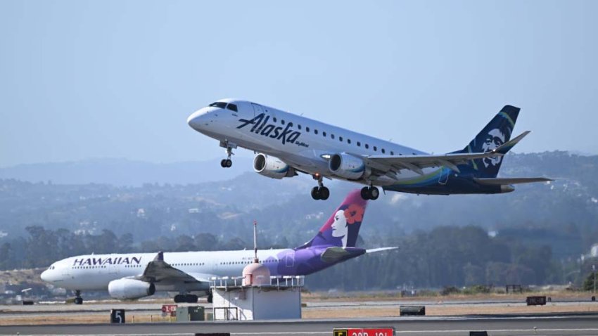 SAN FRANCISCO, CA – JUNE 21: Alaska and Hawaiian Airlines planes takeoff at the same time from San Francisco International Airport (SFO) in San Francisco, California, United States on June 21, 2023. (Photo by Tayfun Coskun/Anadolu Agency via Getty Images)