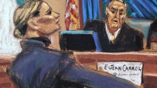 Former U.S. President Donald Trump’s lawyer Alina Habba cross examines E. Jean Carroll before Judge Lewis Kaplan during the second civil trial where Carroll accused Trump of raping her decades ago, at Manhattan Federal Court in New York City, U.S., January 18, 2024 in this courtroom sketch. 