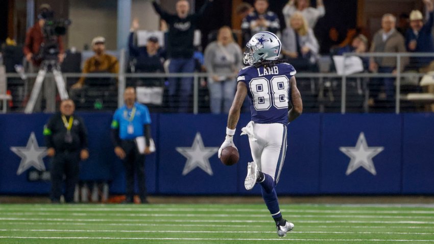 Dallas Cowboys wide receiver CeeDee Lamb (88) runs for a long touchdown catch against the Detroit Lions during the first half of an NFL football game, Saturday, Dec. 30, 2023, in Arlington, Texas.