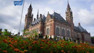 View of the Peace Palace which houses World Court in The Hague, Netherlands.