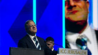 Israel's National Security Minister Itamar Ben Gvir speaks during a convention calling for Israel to resettle Gaza