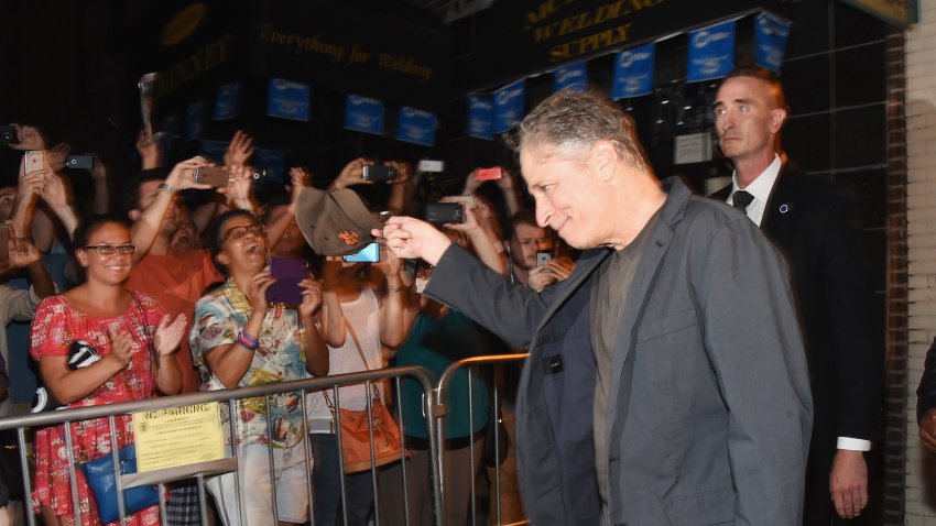 Jon Stewart exits the studio following the final taping of “The Daily Show With Jon Stewart” on August 6, 2015 in New York City.